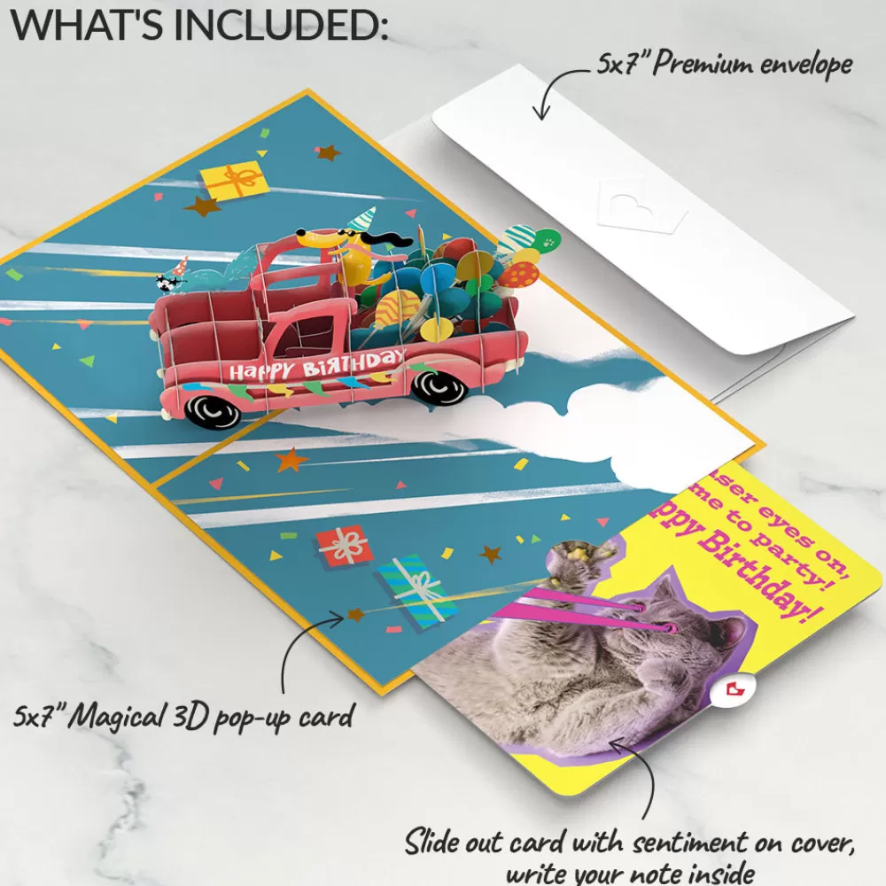 Lovepop Birthday | Birthday Truck with Cat Laser Eyes Pop-Up Card and Sentiment Set