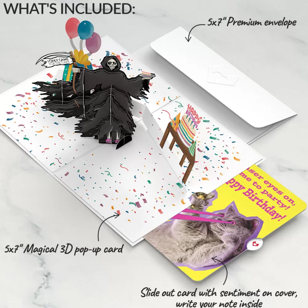 Lovepop Birthday | Grim Reaper Dark Humor Birthday with Cat Laser Eyes Pop-Up Card and Sentiment Set