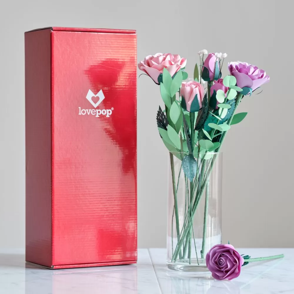 Lovepop Pop-Up Bouquets | Card & Gift Bundles | Handcrafted Paper Flowers: Pink & Purple Roses (6 Stems) with Monarch Butterfly Pop-Up Card
