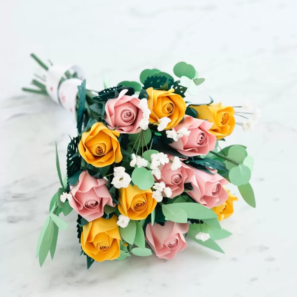 Lovepop Pop-Up Bouquets | Handcrafted Paper Flowers | Handcrafted Paper Flowers: Pink & Yellow Roses (12 Stems) with Lovely Hummingbird Pop-Up Card