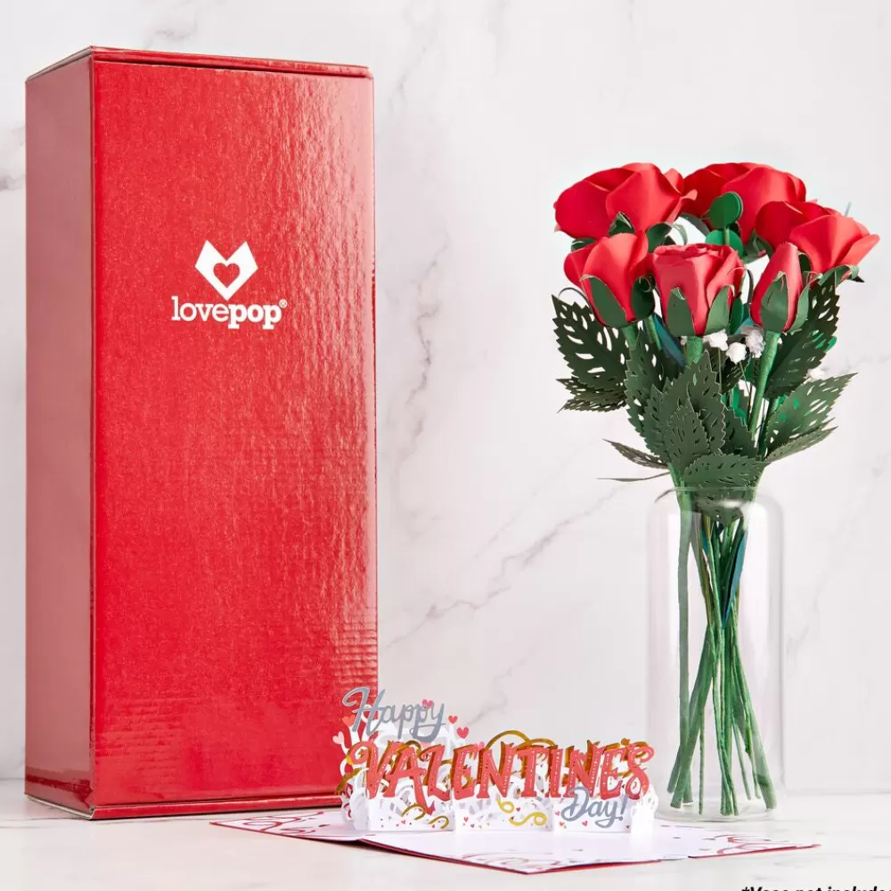 Lovepop Pop-Up Bouquets | Card & Gift Bundles | Handcrafted Paper Flowers: Red Roses (6 Stems) with Happy Valentine's Day Pop-Up Card