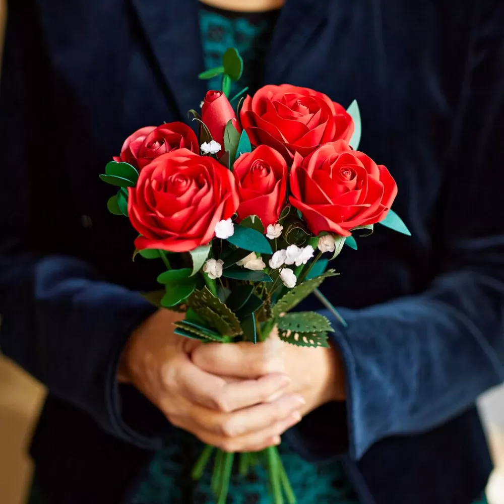Lovepop Pop-Up Bouquets | Card & Gift Bundles | Handcrafted Paper Flowers: Red Roses (6 Stems) with Happy Valentine's Day Pop-Up Card
