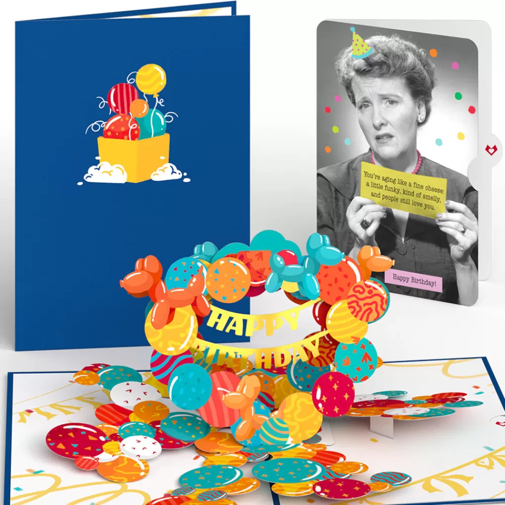 Lovepop Birthday | Happy Birthday Banner and Balloons Pop-Up Card and Aging Like a Fine Cheese Sentiment Set