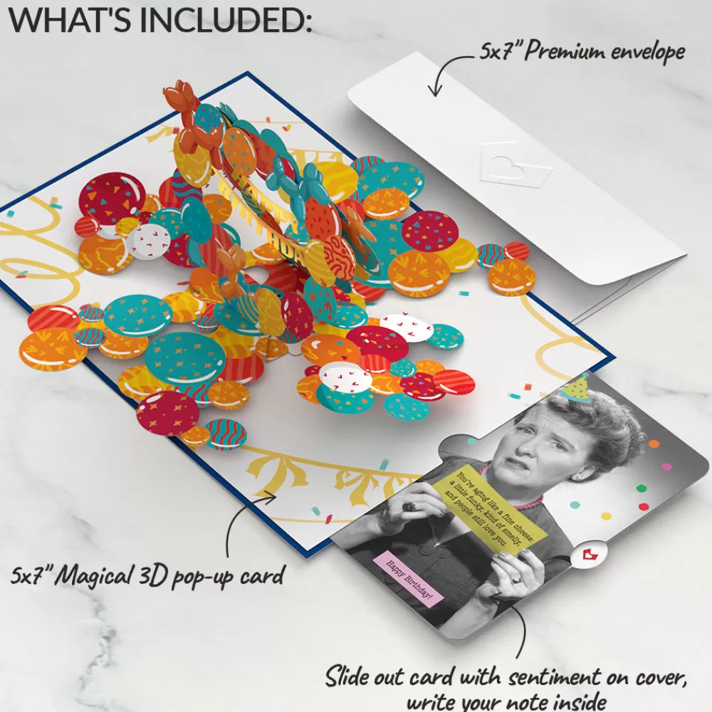 Lovepop Birthday | Happy Birthday Banner and Balloons Pop-Up Card and Aging Like a Fine Cheese Sentiment Set