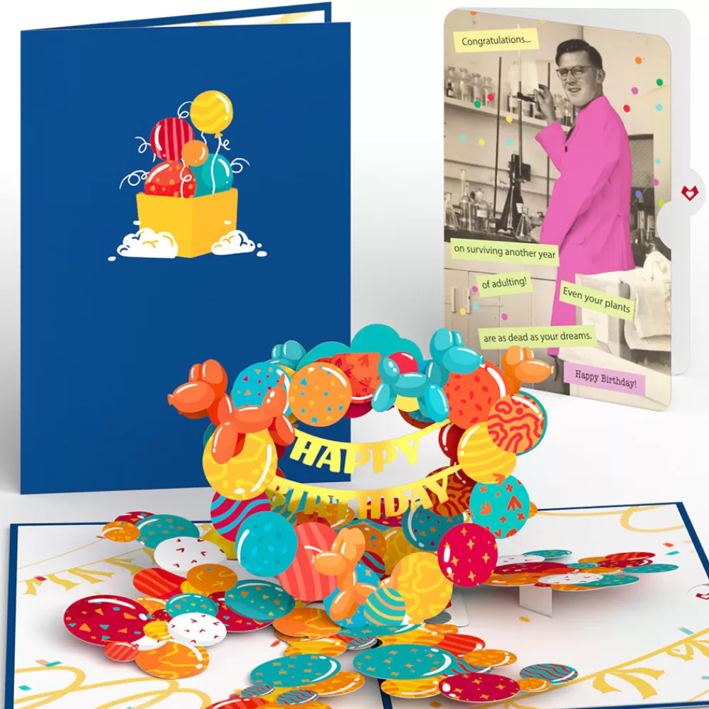 Lovepop Birthday | Happy Birthday Banner and Balloons Pop-Up Card and Survive Another Year of Adulting Sentiment Set