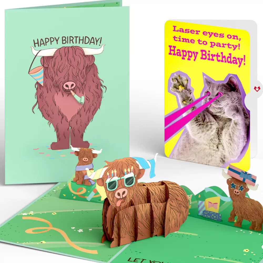 Lovepop Birthday | Highland Cow with Cat Laser Eyes Birthday Pop-Up Card and Sentiment Set