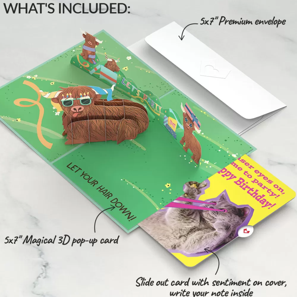 Lovepop Birthday | Highland Cow with Cat Laser Eyes Birthday Pop-Up Card and Sentiment Set