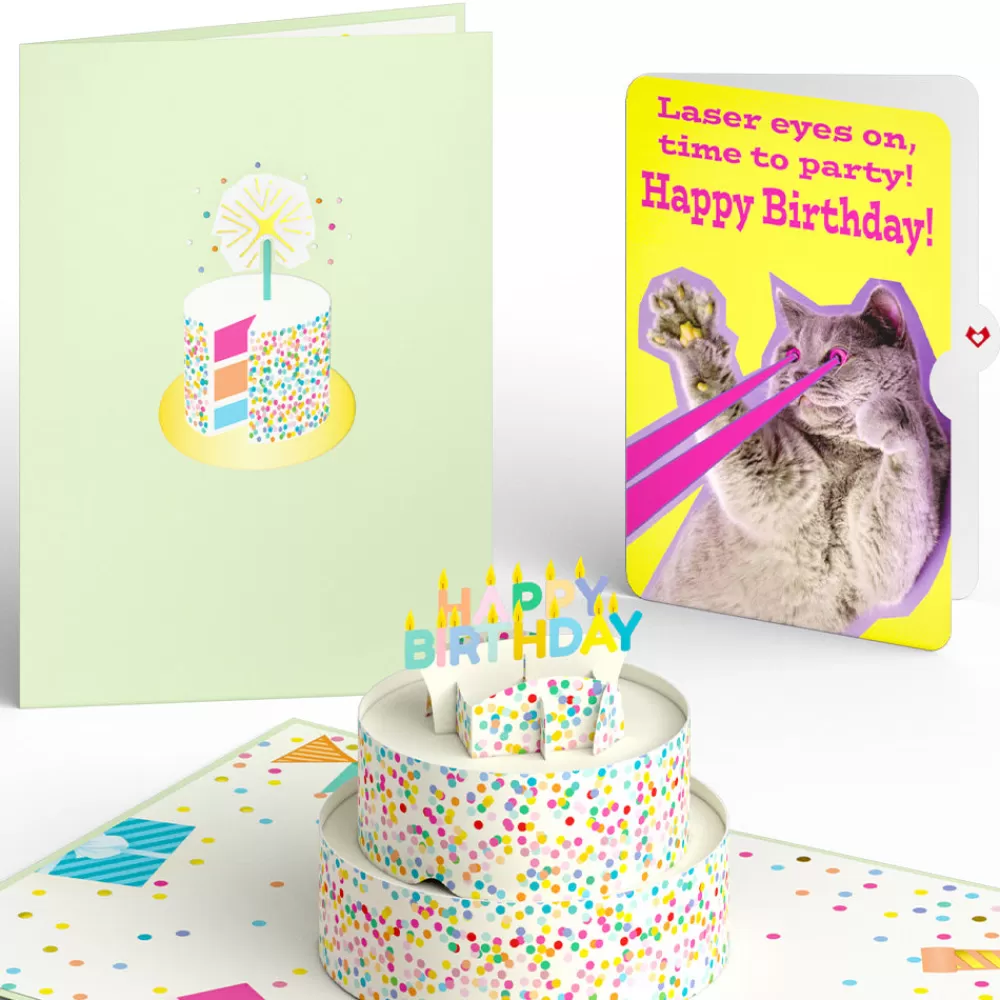 Lovepop Birthday | Sprinkles Birthday Cake with Cat Laser Eyes Pop-Up Card and Sentiment Set