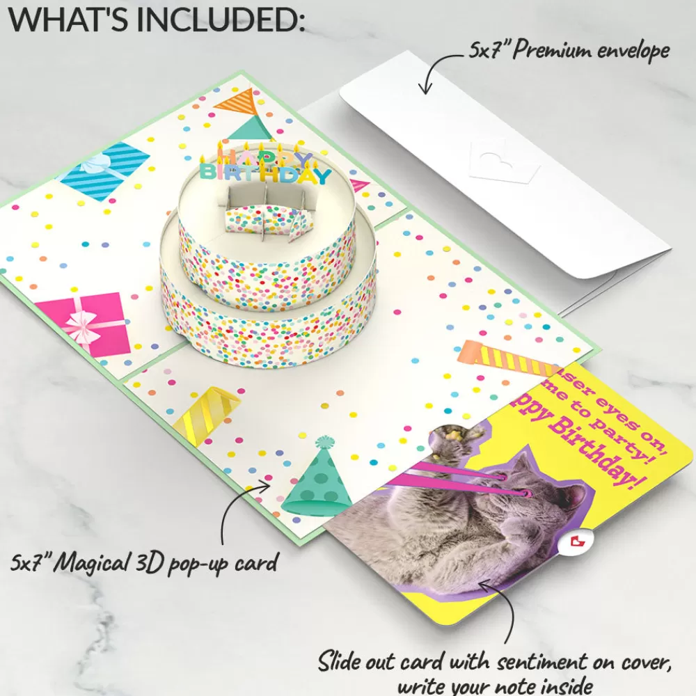 Lovepop Birthday | Sprinkles Birthday Cake with Cat Laser Eyes Pop-Up Card and Sentiment Set