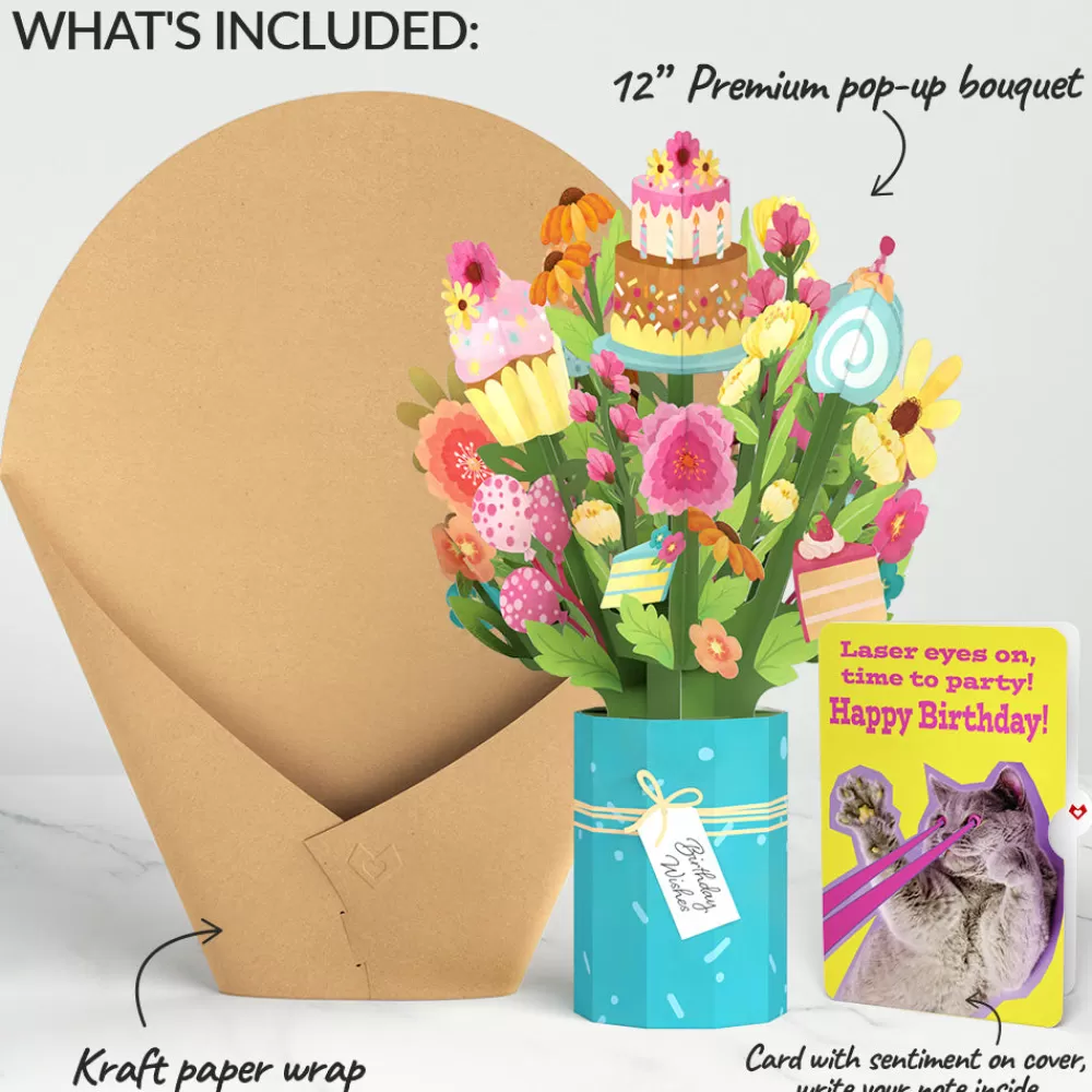 Lovepop Pop-Up Bouquets | Sweet Birthday Wishes Bouquet and Cat Laser Eyes Sentiment Set
