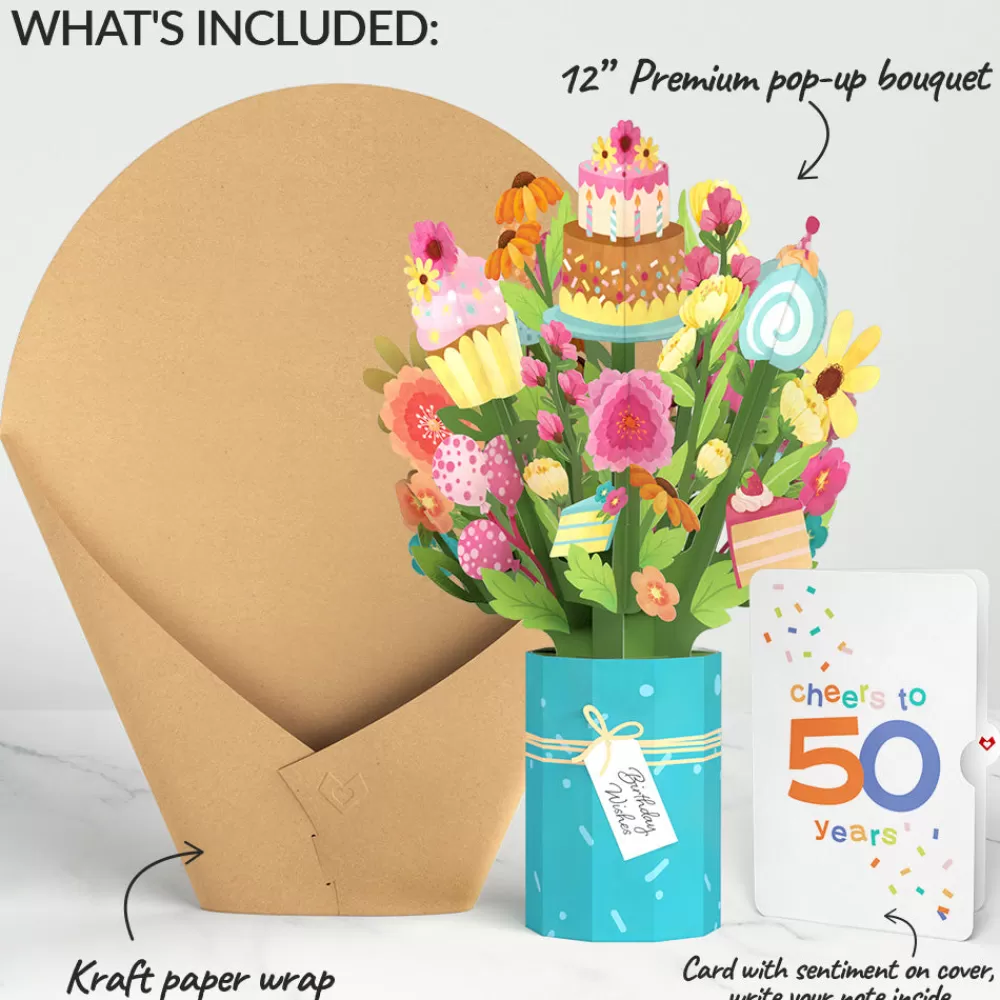 Lovepop Pop-Up Bouquets | Sweet 50th Birthday Wishes Bouquet and Confetti Cake Sentiment Set