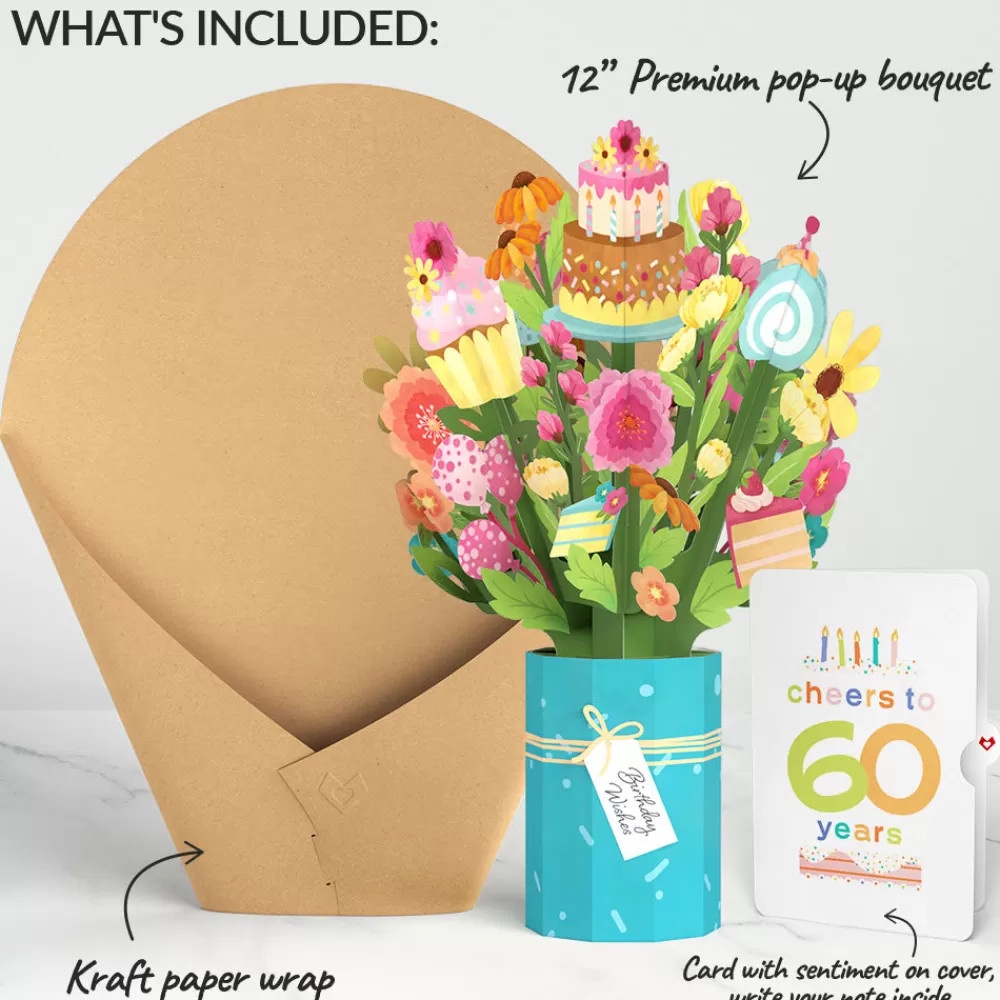 Lovepop Pop-Up Bouquets | Sweet 60th Birthday Wishes Bouquet and Confetti Cake Sentiment Set