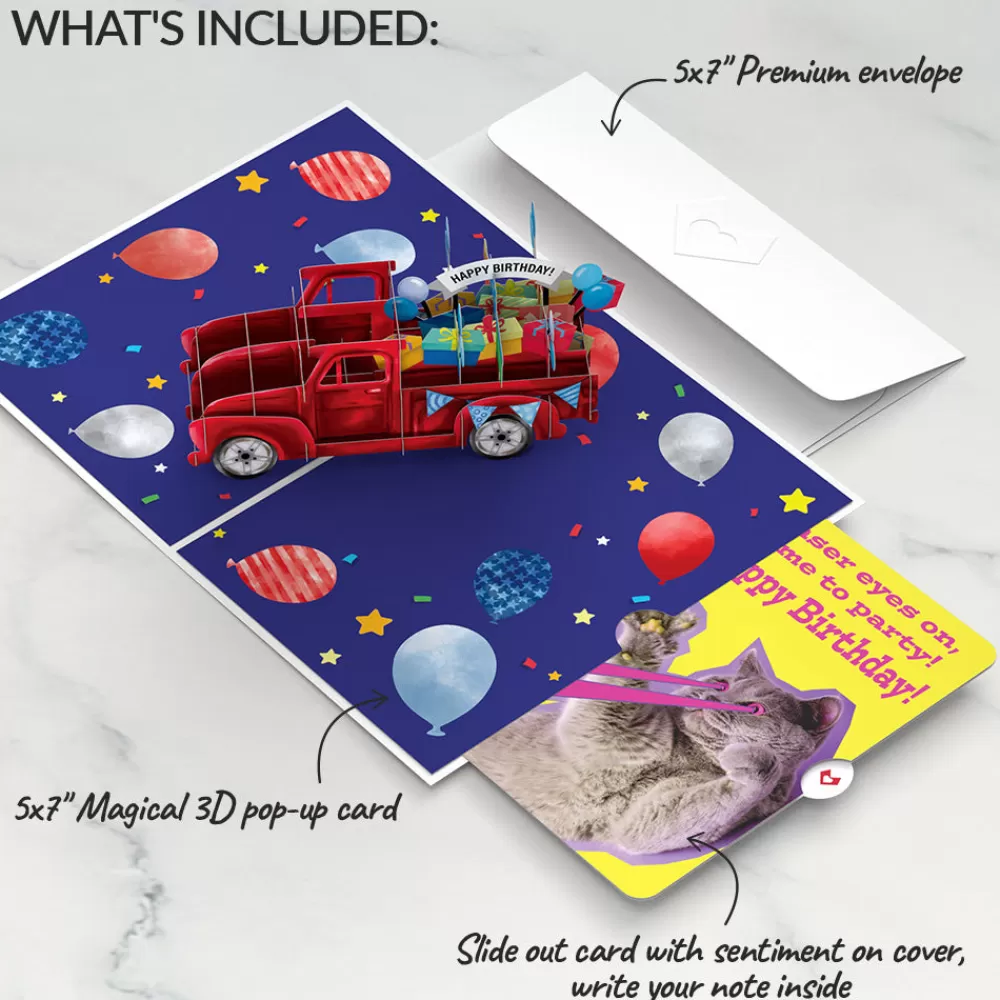 Lovepop Birthday | Truckloads of Birthday Wishes with Cat Laser Eyes Pop-Up Card and Sentiment Set