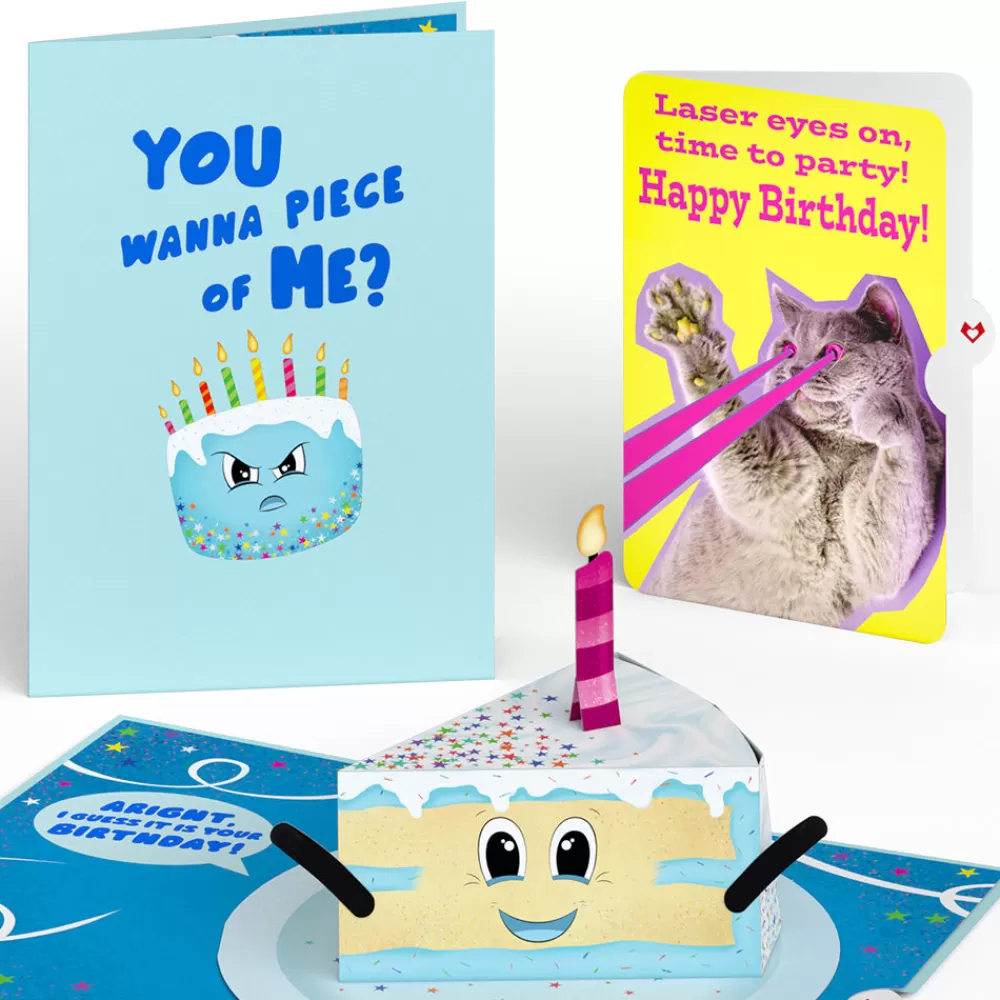 Lovepop Birthday | Whimsical Birthday Cake Slice with Cat Laser Eyes Pop-Up Card and Sentiment Set