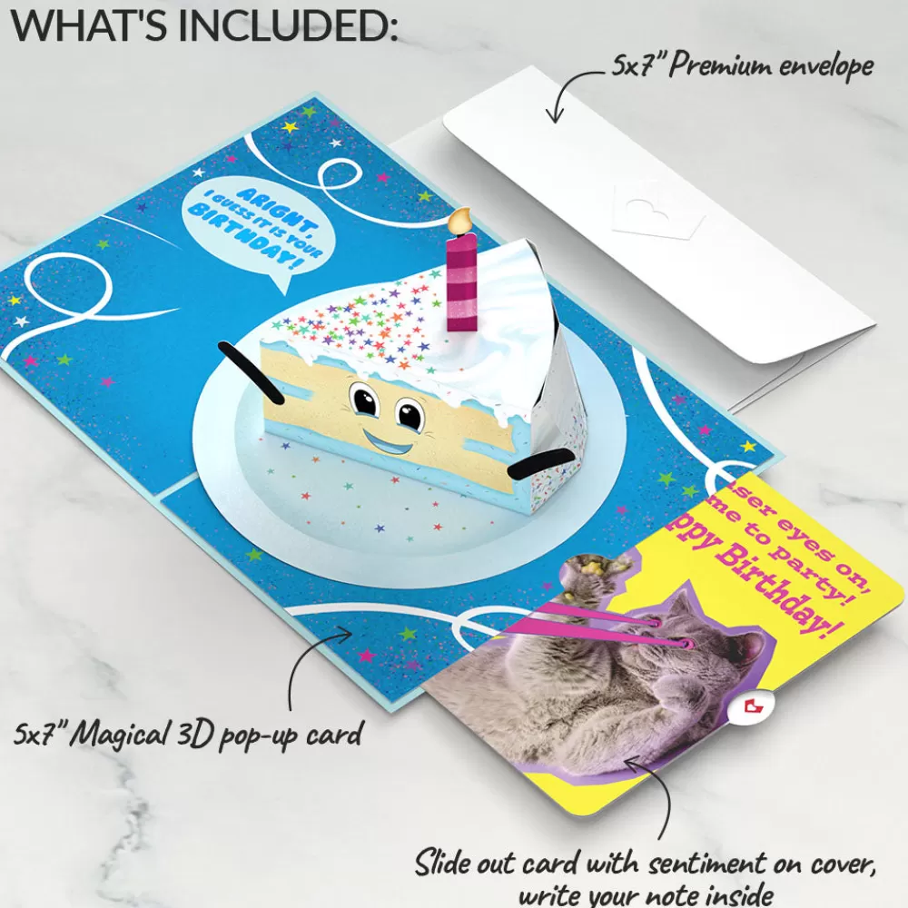 Lovepop Birthday | Whimsical Birthday Cake Slice with Cat Laser Eyes Pop-Up Card and Sentiment Set